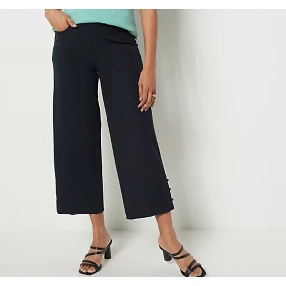 Isaac Mizrahi Live! Crop Wide Leg with Buttons Pitch Black Petite 32 A485798 - Picture 1 of 1